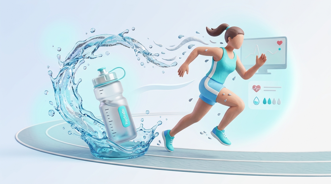 3D illustration of an athletic runner with sports hydration bottle