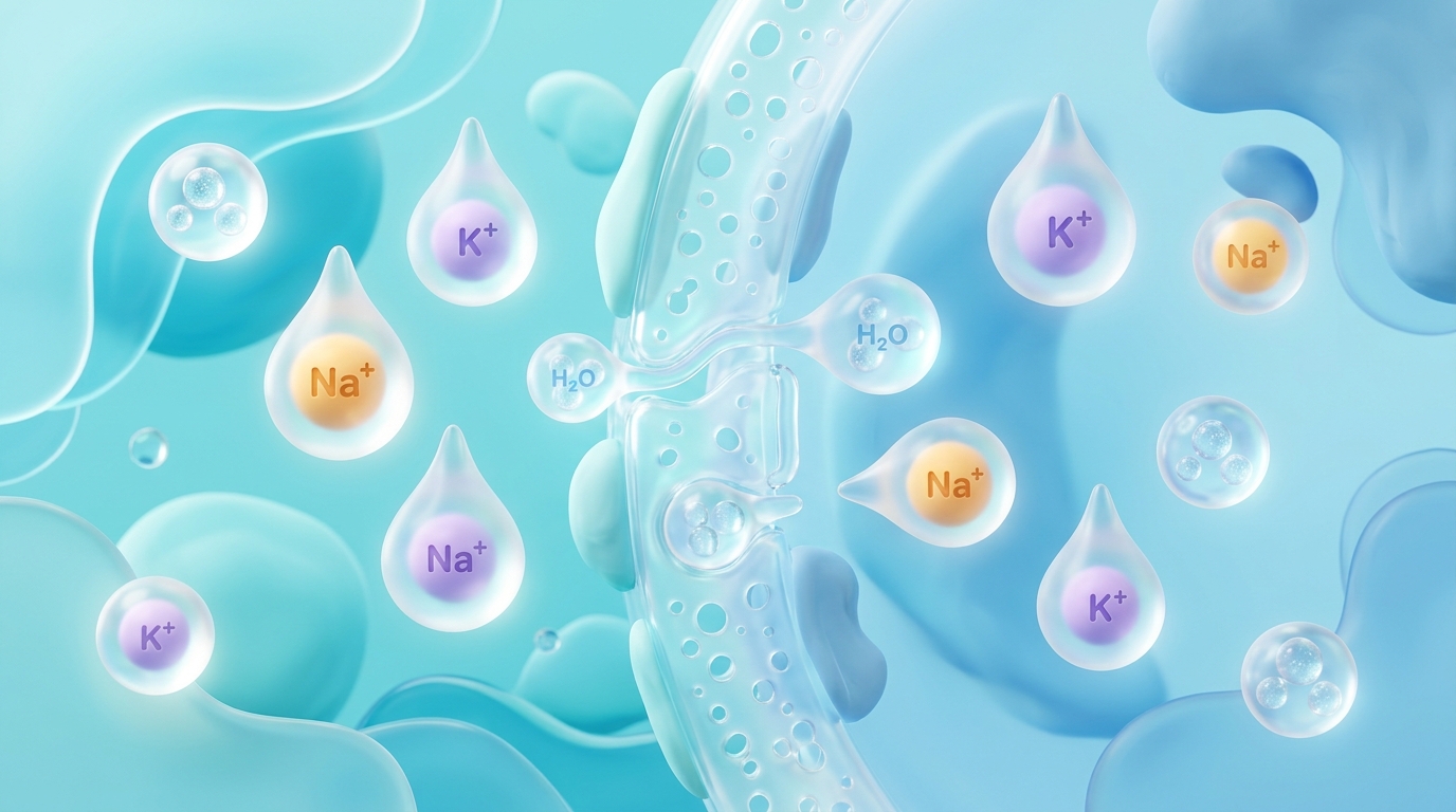 3D illustration of sodium and potassium electrolyte minerals in cellular water